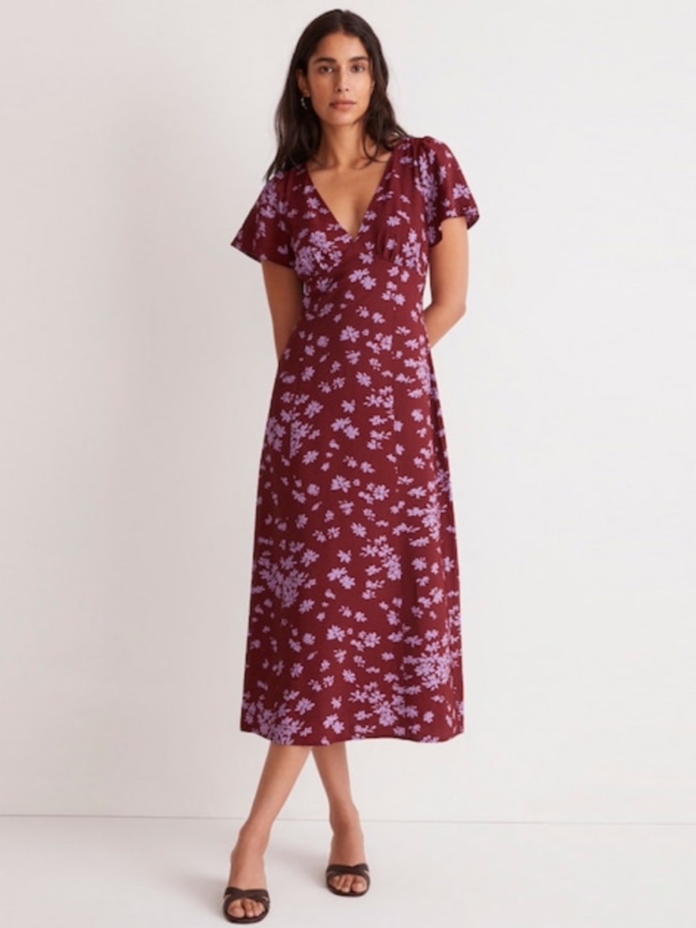 Madewell V Neck Flutter Sleeve Midi Dress Purple Floral Print 8